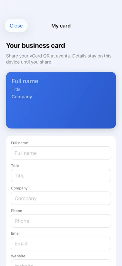 My card screen for creating your own business card to share as a vCard QR code