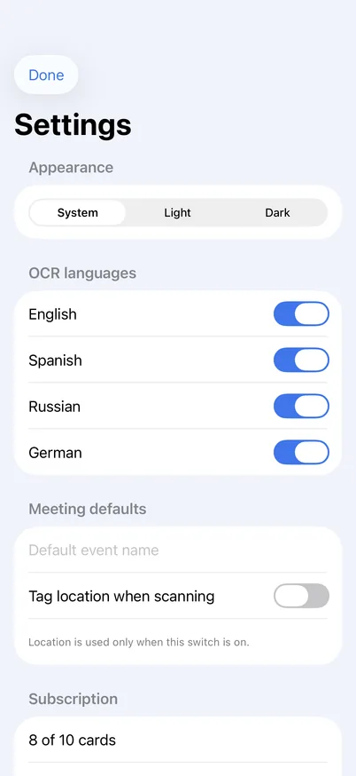 Settings with recognition languages English, Spanish, Russian and German
